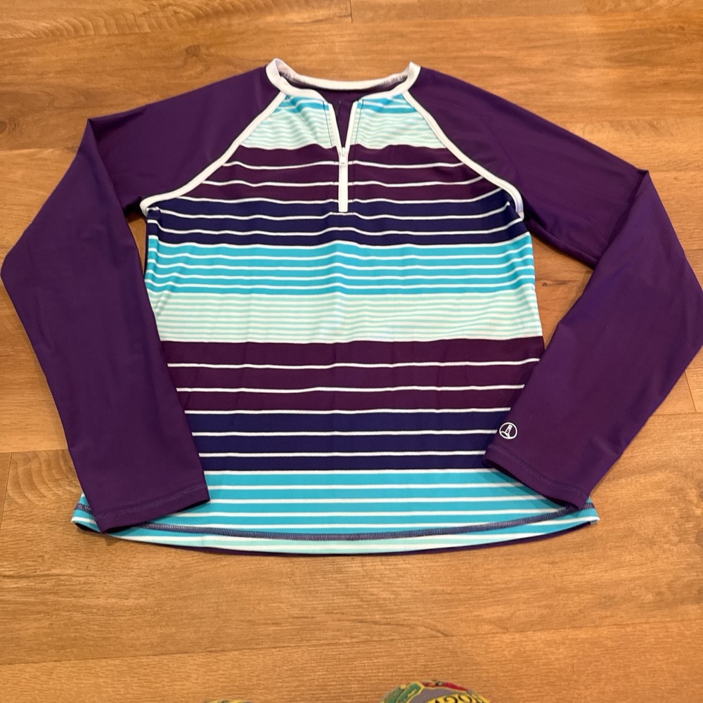 Youth Size XL 16 Lands End Long Sleeve Rash Guard Swim Shirt Purple Turquoise
